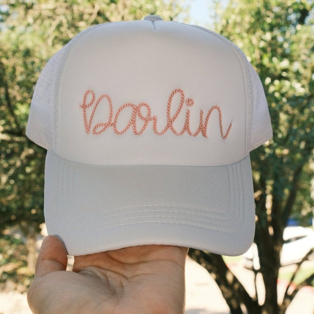 Embroidered Darlin Rope Font White Trucker Hat